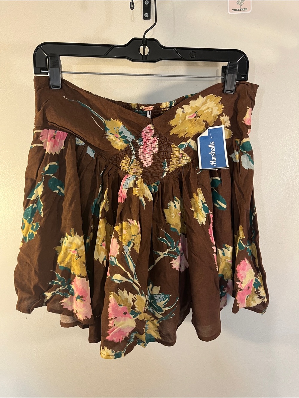 Free People Brown Floral Tiered Skater Mini Skirt with Pink & Yellow Blooms
